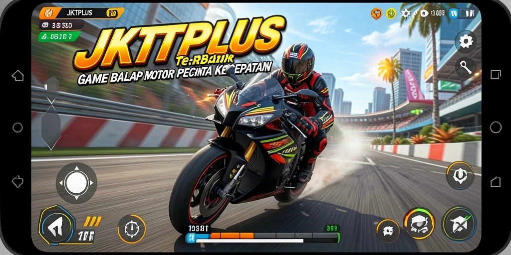 Screenshot utama menampilkan aksi balap motor yang cepat dan mendebarkan.